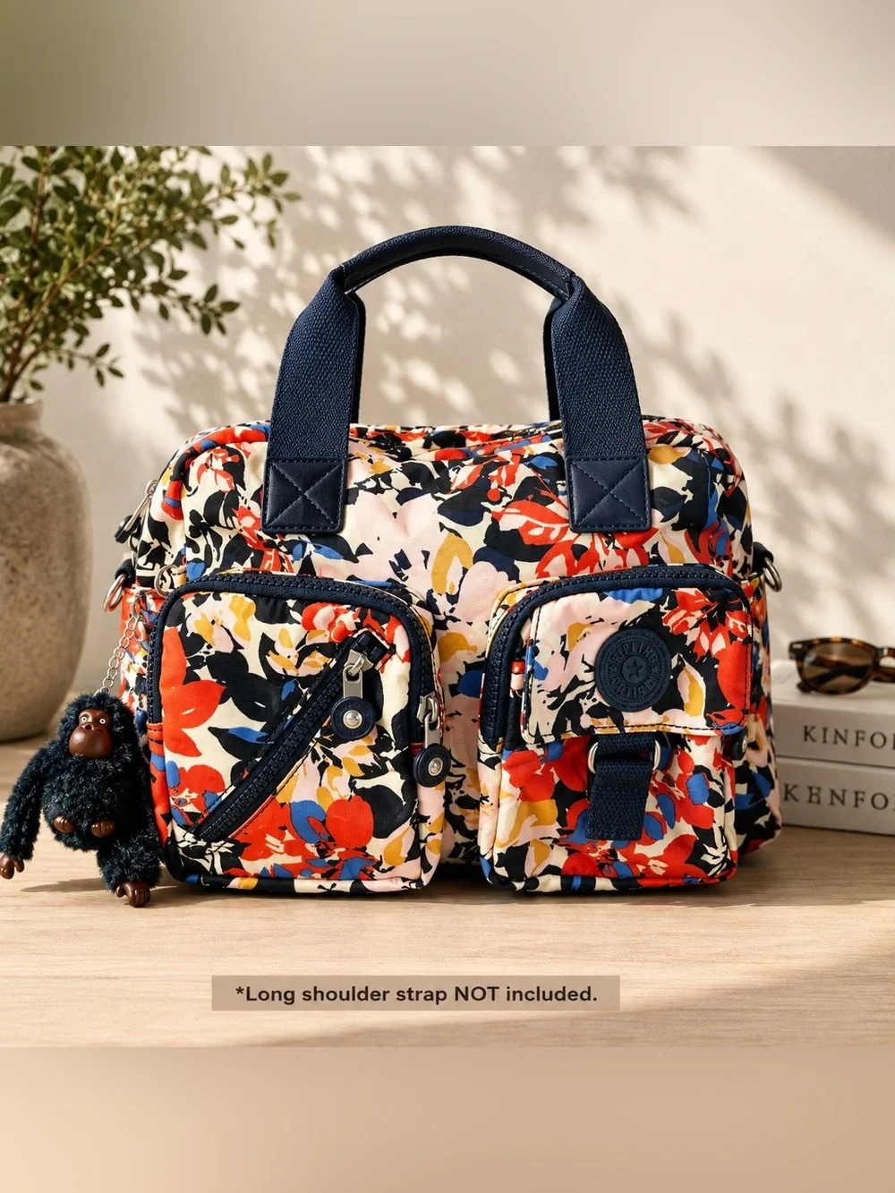 Kipling Floral Multi Pocket Satchel Handbag Monkey Charm RARE STYLE EUC